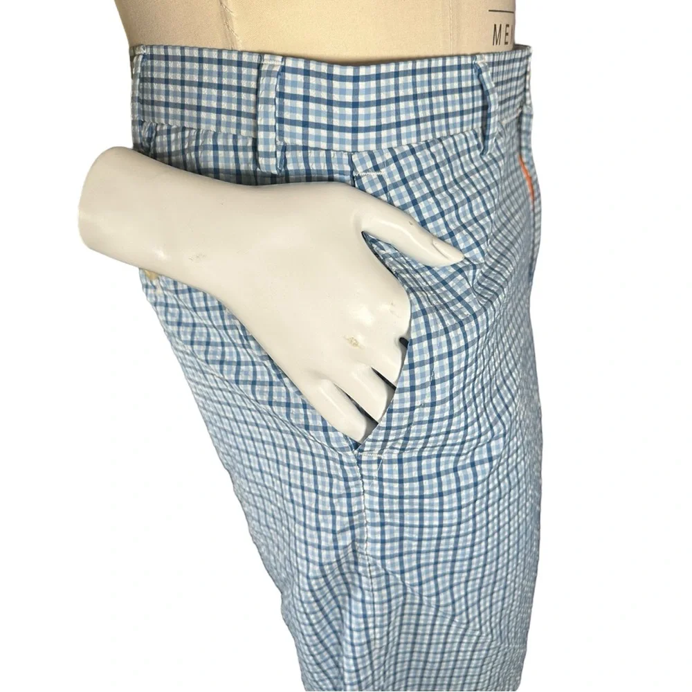 Peter Millar Crown Sport Lightweight Performance Seersucker Shorts Plaid Blue 34